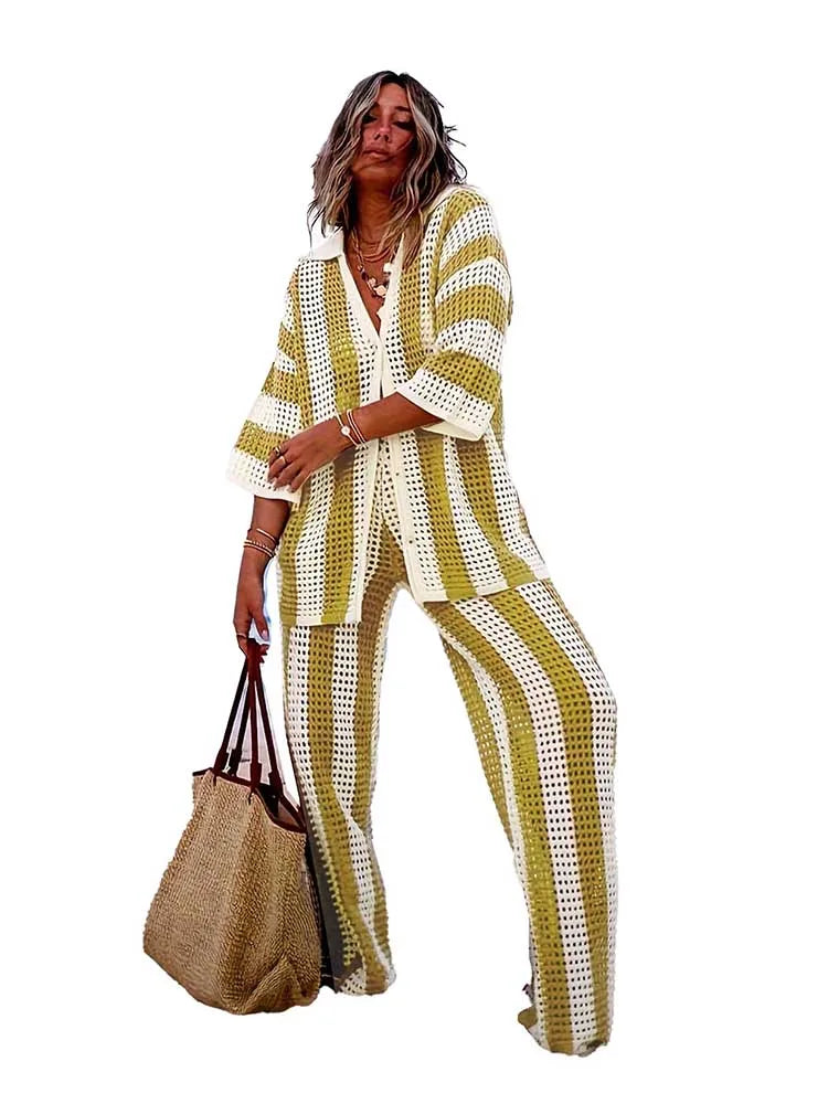 Summer Outfits for Women Vacation Hollow Out Sweater Shirt and Trouser Lady Casual Sexy Plus Size Sets 2 Piece Pants Sets Wide