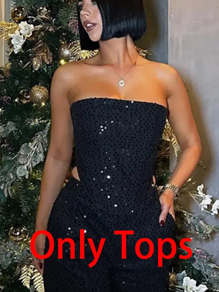 BKQU Fashion Sequins 2 Piece Pants Set Women Sexy Strapless Tank Tops and Loose Long Pants Female Luxury Party Club Chic Outfits Black Only Tops