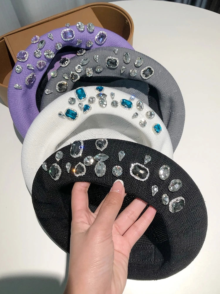 Berets Women Hat Brimless Stretchy Comfortable Rhinestone Y2K Cap Autumn Female Flat Color Cotton