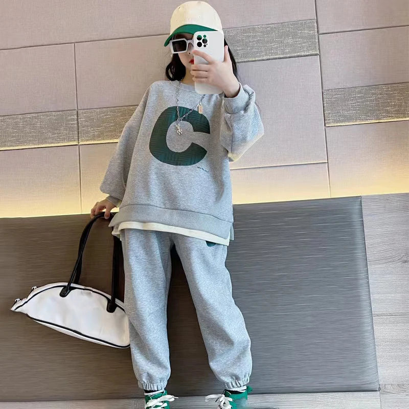 Autumn Girls' Spring Wear Sweater Set Medium and Big Children's Leisure Clothing Suit Girls' Fashion Kids Sports Set