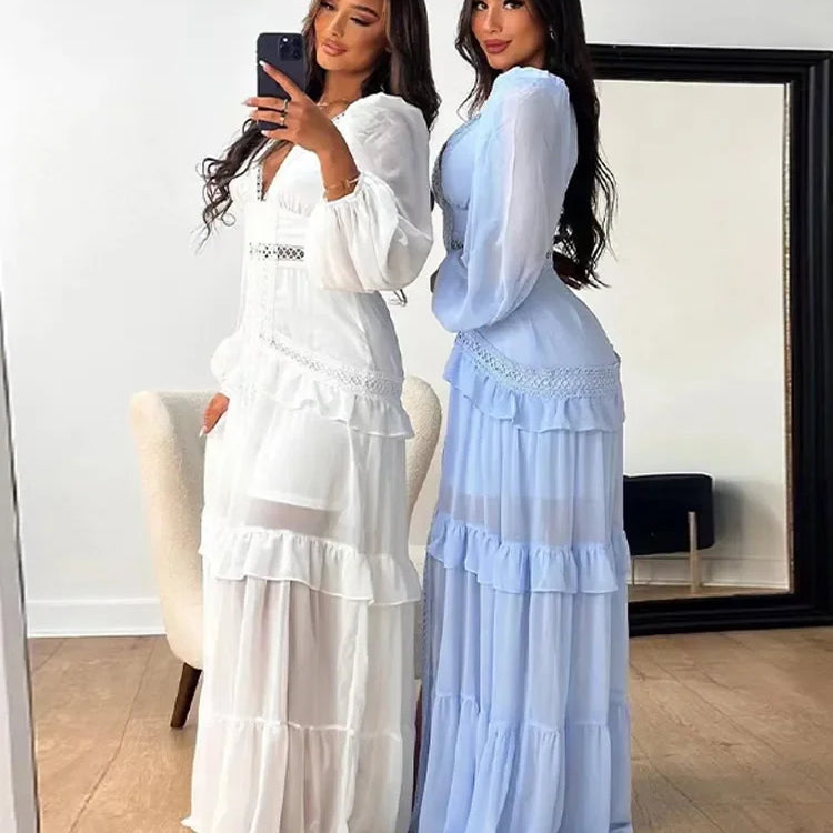 Women Elegant Layered Ruffles Patchwork Long Dress Chic V Neck Puff Full Sleeves Split Maxi Dresses Fashion Lady Party Robes