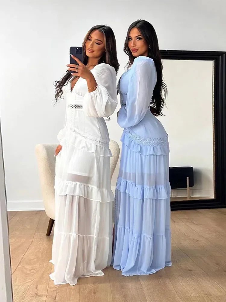 Women Elegant Layered Ruffles Patchwork Long Dress Chic V Neck Puff Full Sleeves Split Maxi Dresses Fashion Lady Party Robes