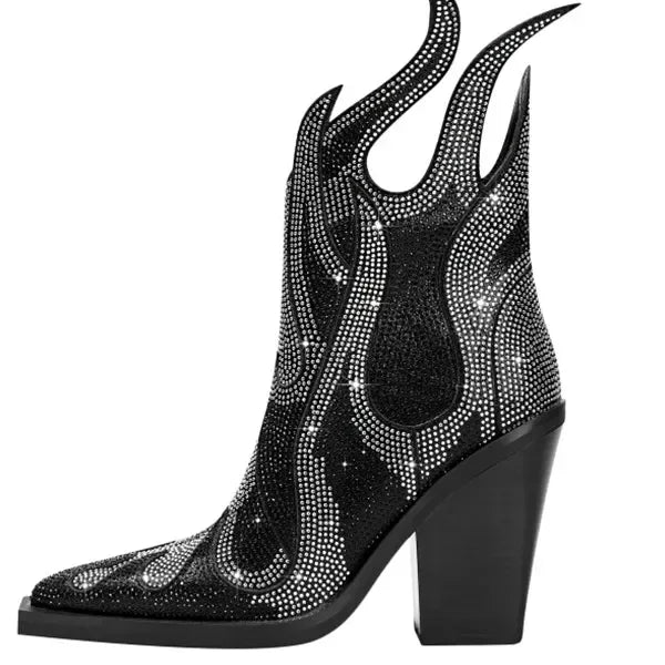 New Women's Rhinestone Flame Ankle Boots Fashion Square Head High Heels Western Boots Party Dress 43 Large Short Boots black