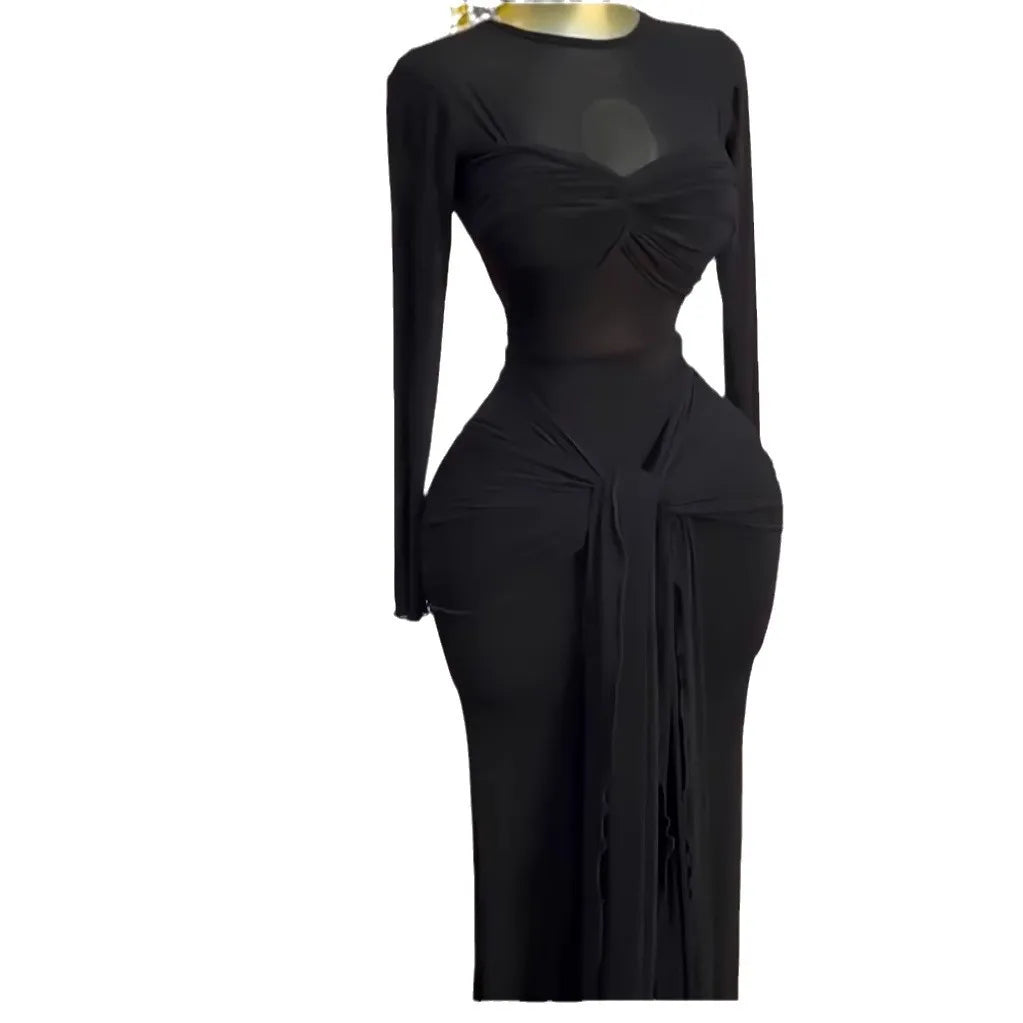 CM.YAYA Women Mesh See Though Long Sleeve Maxi Bowknot Long Dress 2025 Evening Sexy Club Party Evening High Street Dresses