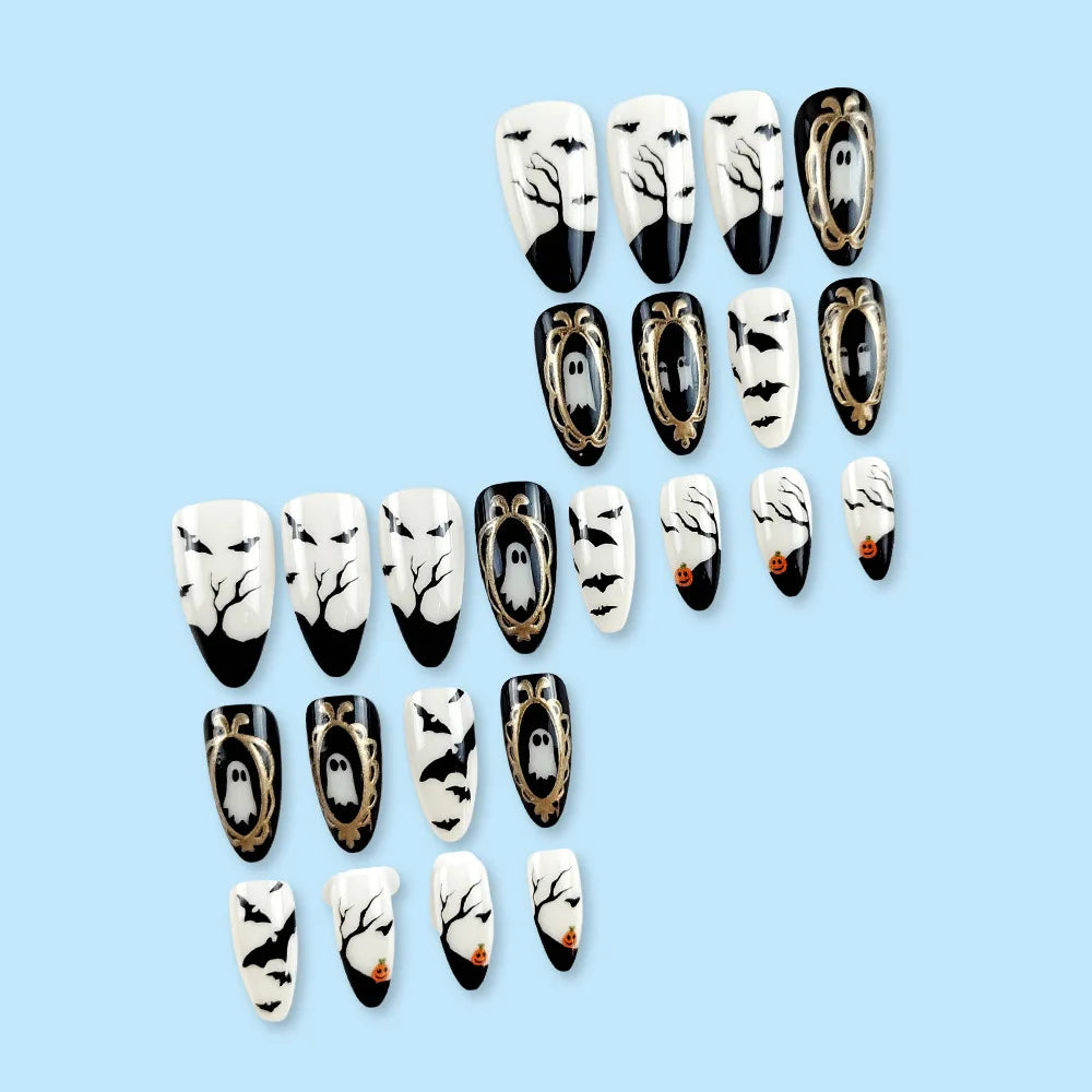 24pcs Black Bat Printed Fake Nails Halloween White Ghost Pattern False Nails for Women Wearable European Almond Press on Nails