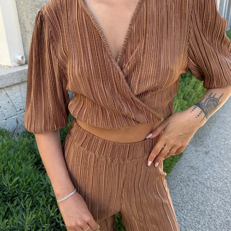 Pant Sets Summer Outfits for Women Casual Straight Leg Trouser Set New Solid Color Suit Short Sleeve V-Neck Two Piece Set Brown