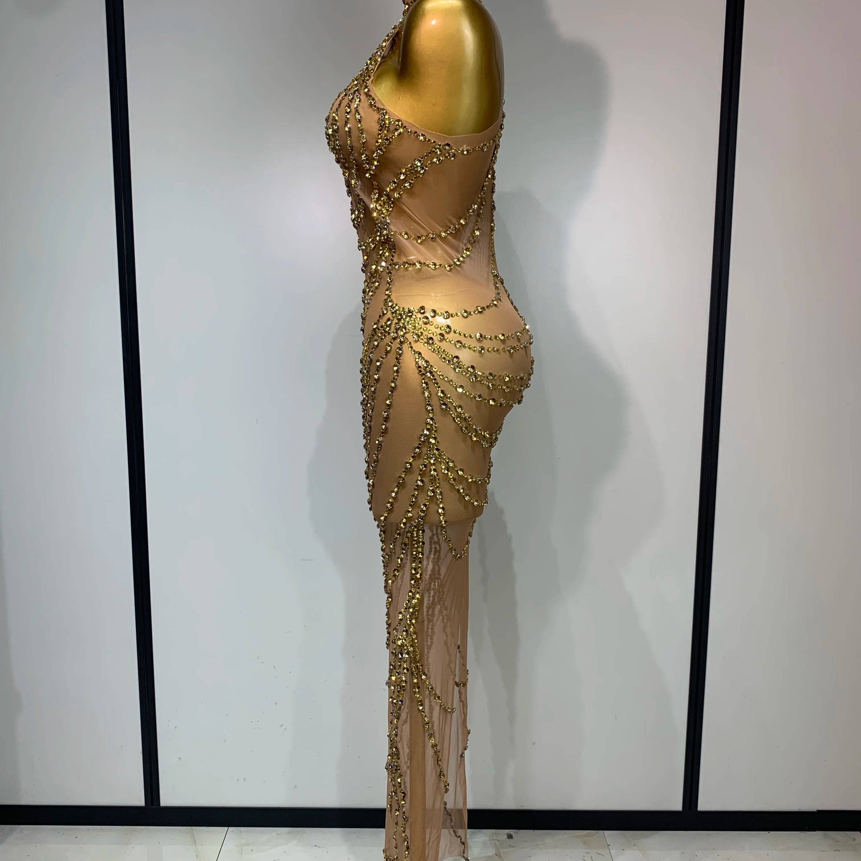 Sparkly Rhinestone Sexy Transparent Mesh Long Dress 2025 Women Luxury Birthday Club Party Gown Stage Singer Performance Costume