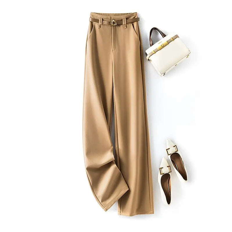 Women's Pants Work Dress Office Tailoring Fluid Female Trousers Wide Leg Straight New in Clothing G Aesthetic Trends Slacks Khaki (with Belt)