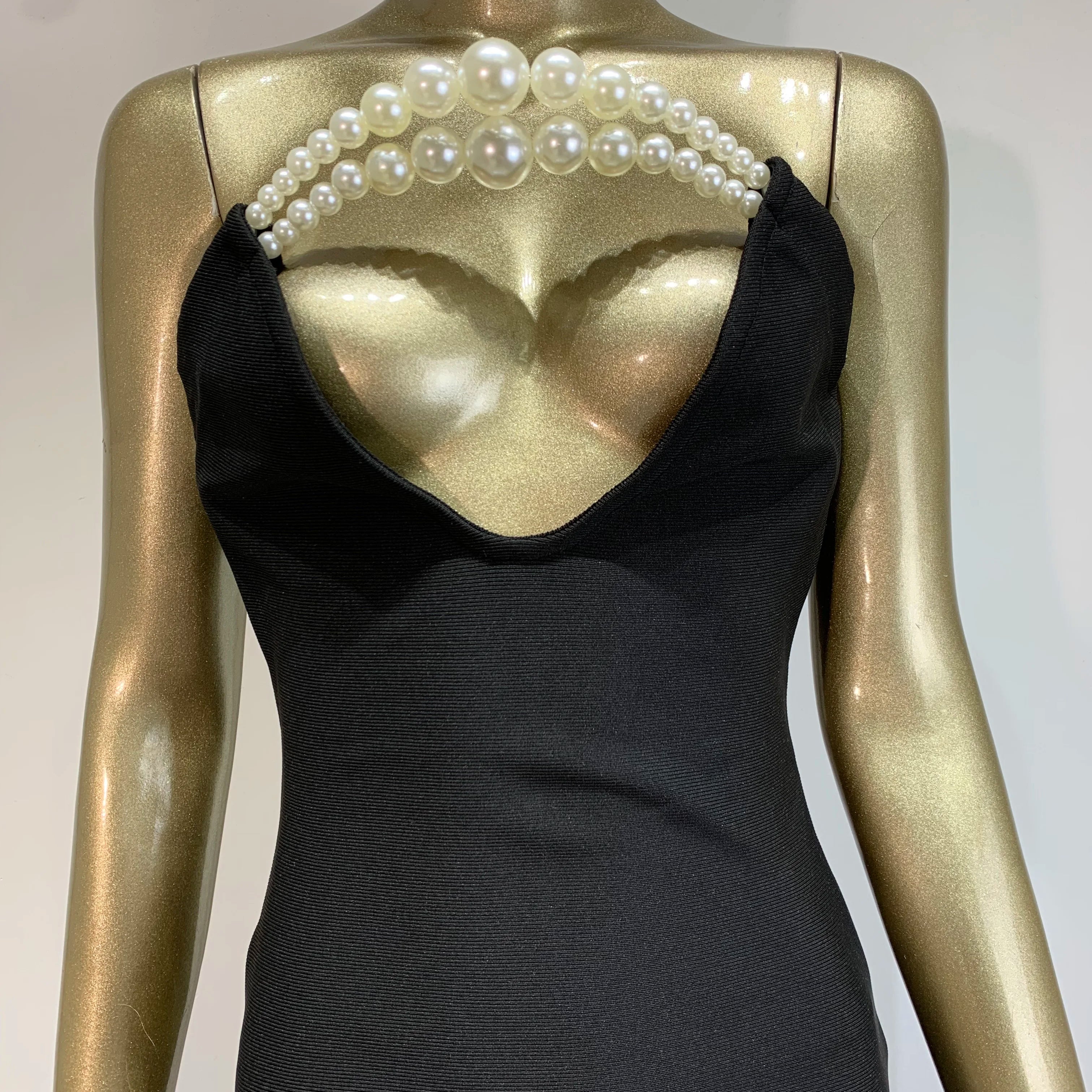 Women Celebrity Sexy Strapless Backless Pearl Black Maxi Long Bodycon Bandage Dress 2025 Elegant Evening Club Party Outfit