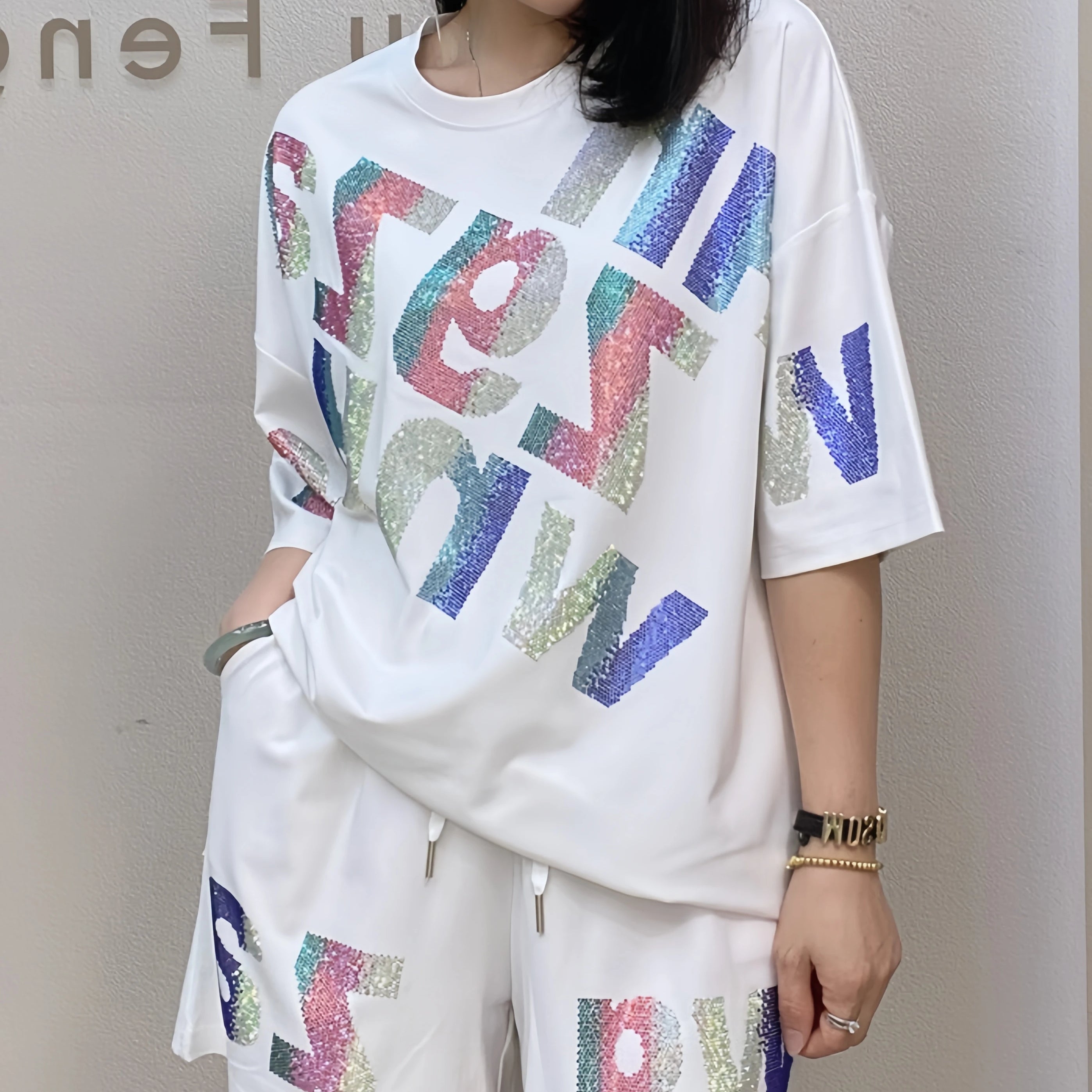 Oversized summer short-sleeved T-shirt and shorts casual set, Rhinestone wide-leg pants two-piece women's set