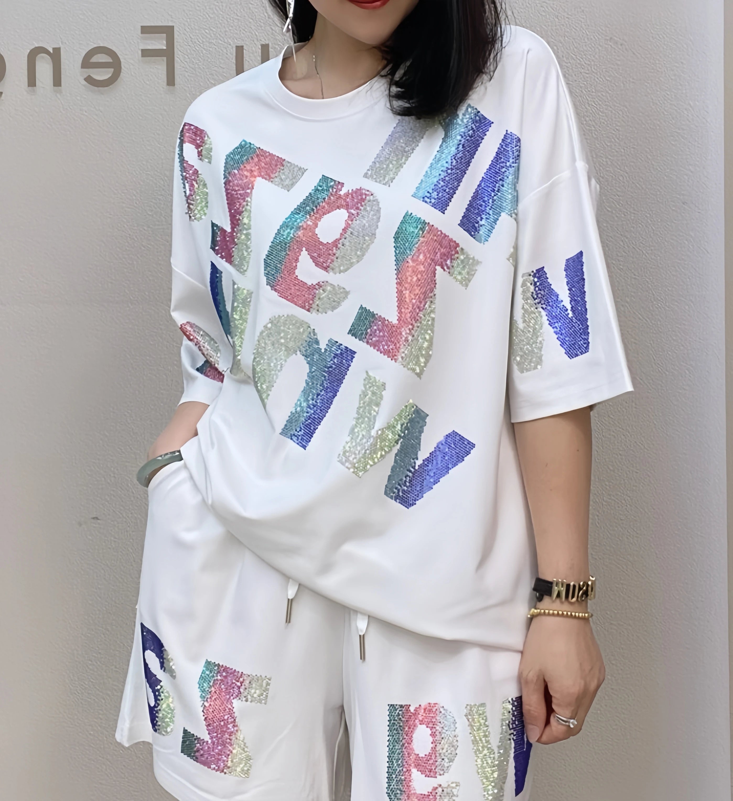 Oversized summer short-sleeved T-shirt and shorts casual set, Rhinestone wide-leg pants two-piece women's set