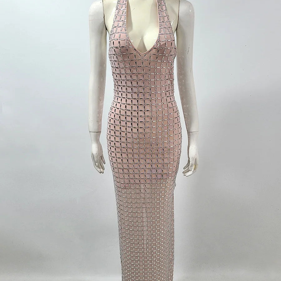 Super Sparkling Diamonds Sexy See Through Mesh V-Neck Sheath Ankel Length Dress Fashion Woman Party Dress Birthday Party Outfit