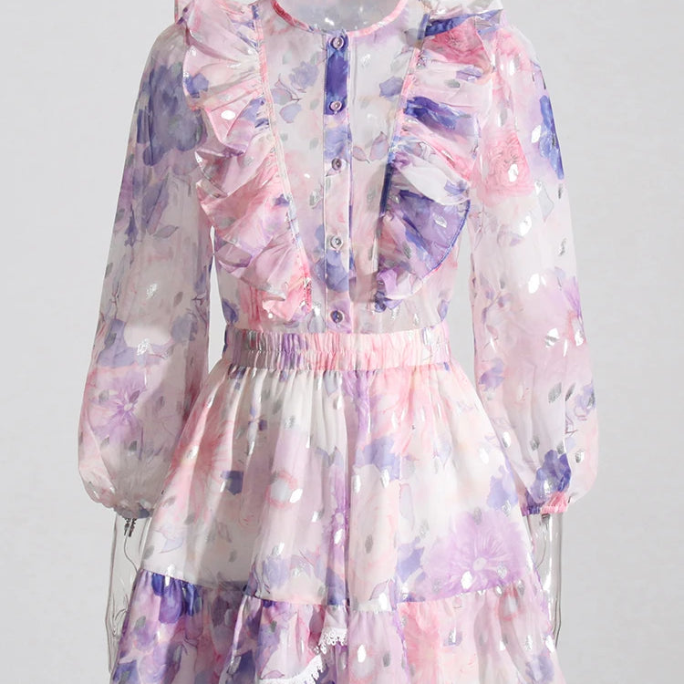 Conjunto colorido de duas peças para mulheres, gola redonda, manga comprida, top, cintura alta, mini saias, conjunto de malha para o verão, roupas femininas 2024