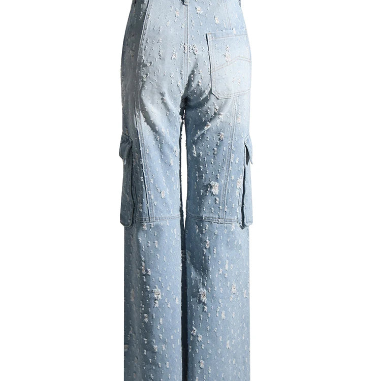 Solid Patchwork Pockets Casual Denim Trousers For Women High Waist Spliced Zipper Streetwear Wide Leg Jeans Female Fashion