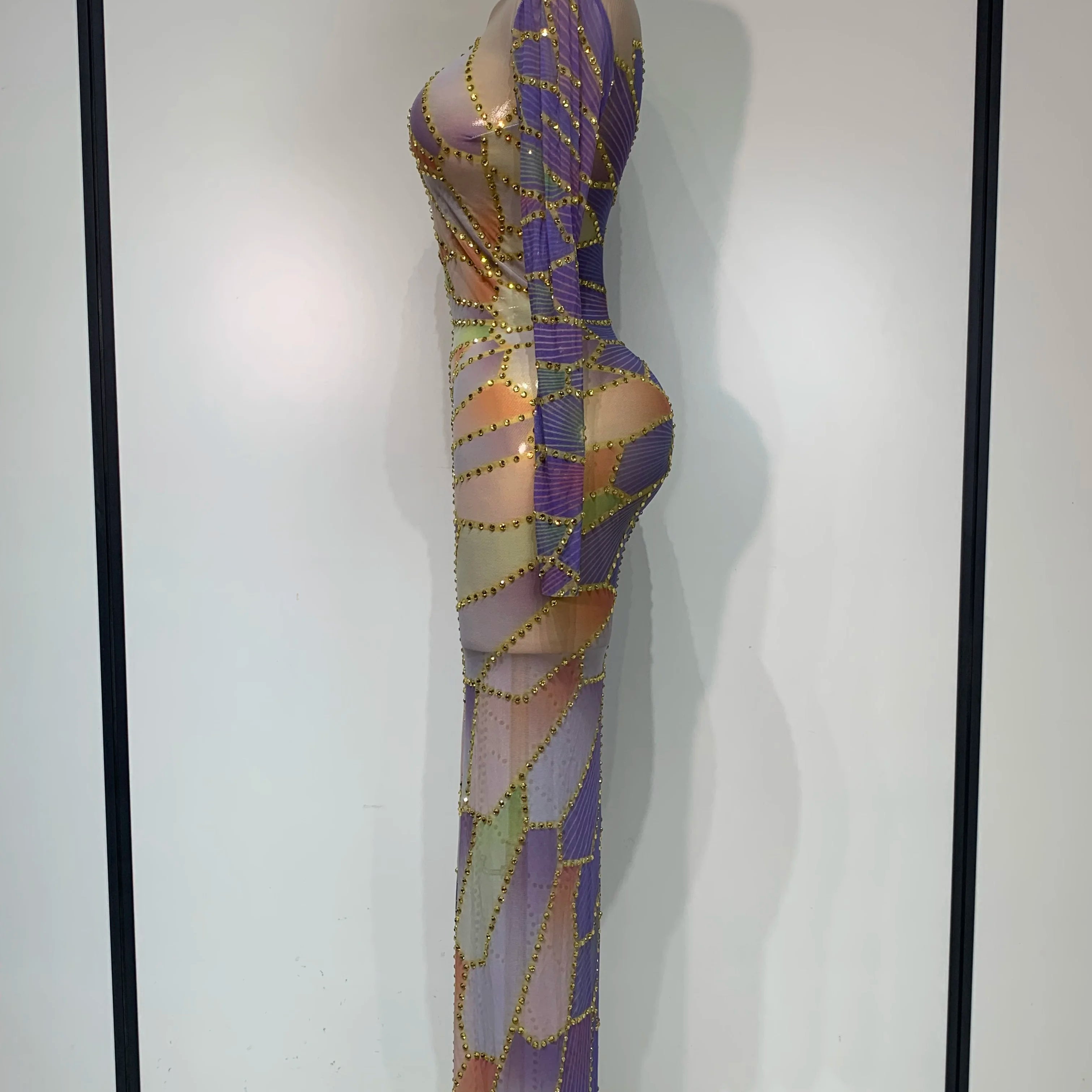 Sparkly Rhinestone Stretchy Mesh See Through Dress Women 2025 Performance Dancer Costume Luxury Birthday Nightclub Stage Outfit