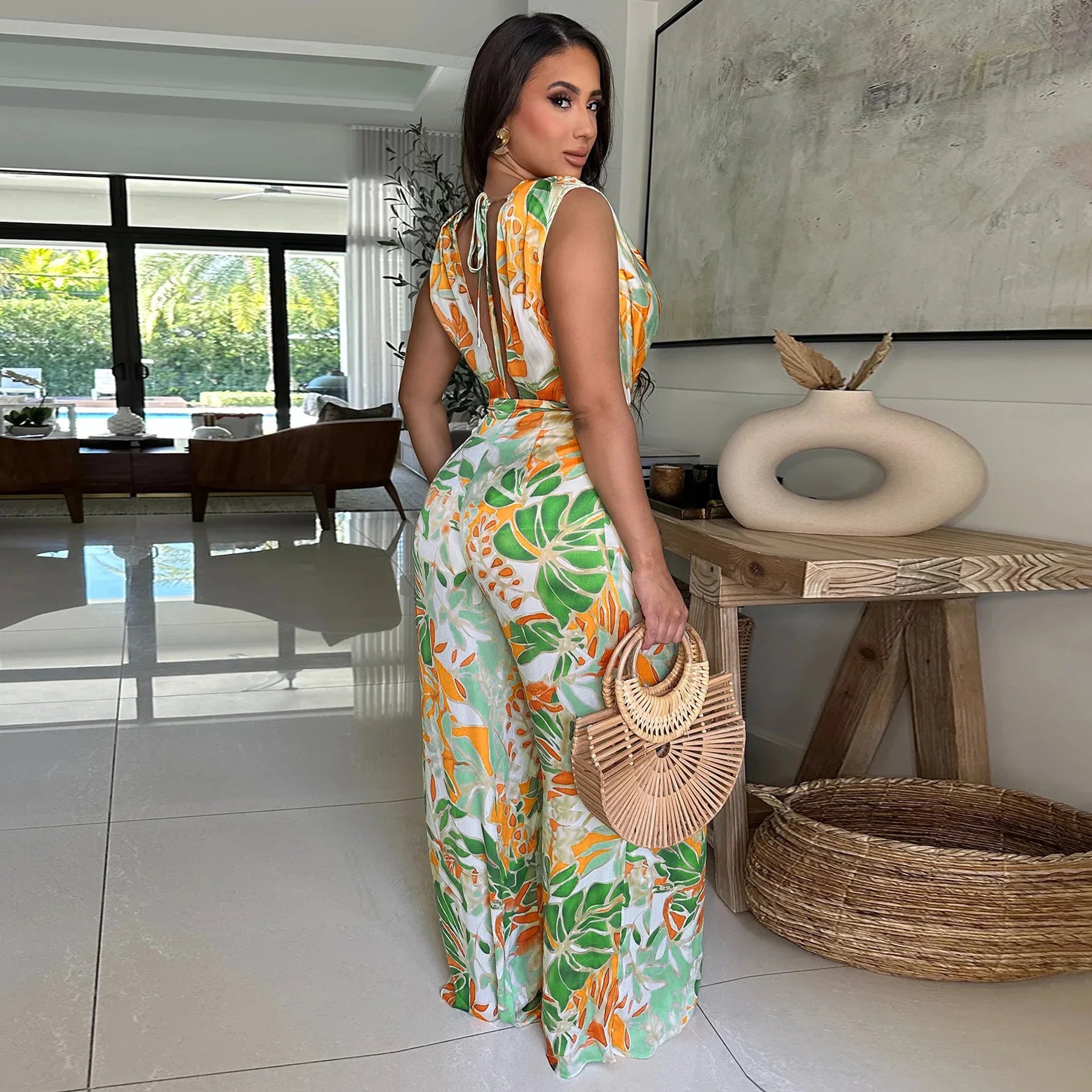 CM.YAYA Leaf Printed Women Wide Leg Pile Neck Sleeveless Satin Jumpsuits 2025 Summer Beach Club Playsuit One Piece Suit Romper