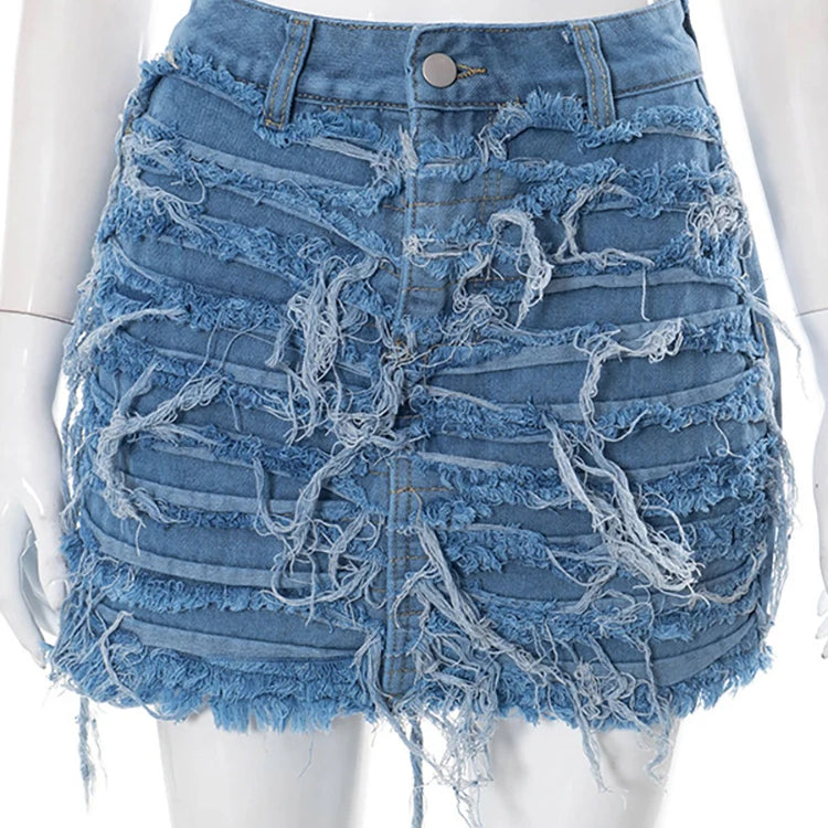 Women's Denim Skirt Do Old Solid Color Burrs Tassel Slim High Waist Short A-line Mini Skirt Autumn Fashion Blue skirts