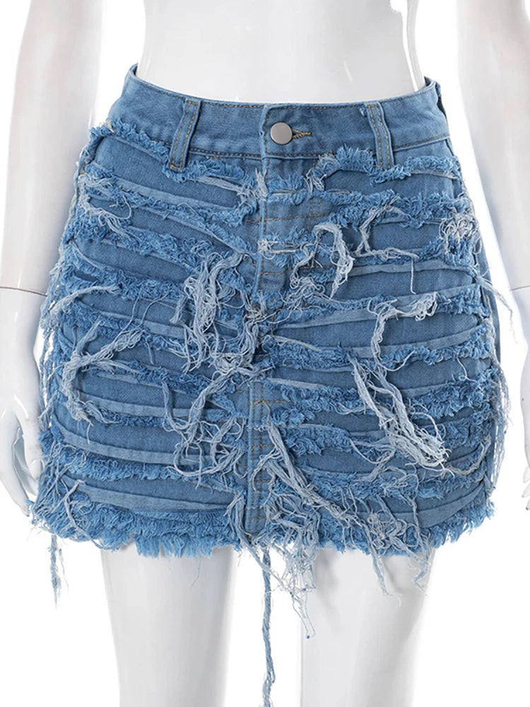 Women's Denim Skirt Do Old Solid Color Burrs Tassel Slim High Waist Short A-line Mini Skirt Autumn Fashion Blue skirts