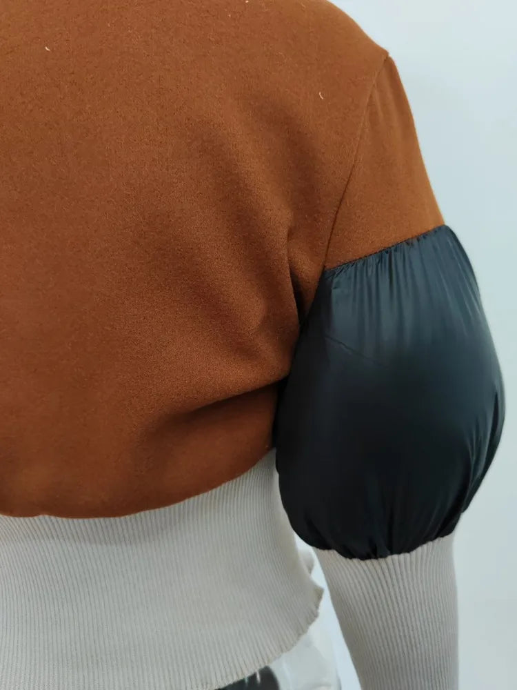 DEAT Fashion Women's Color Block Jackets Long Sleeve Zipper Collarless Slim Short Patchwork Short Coat Spring New 7AB3106