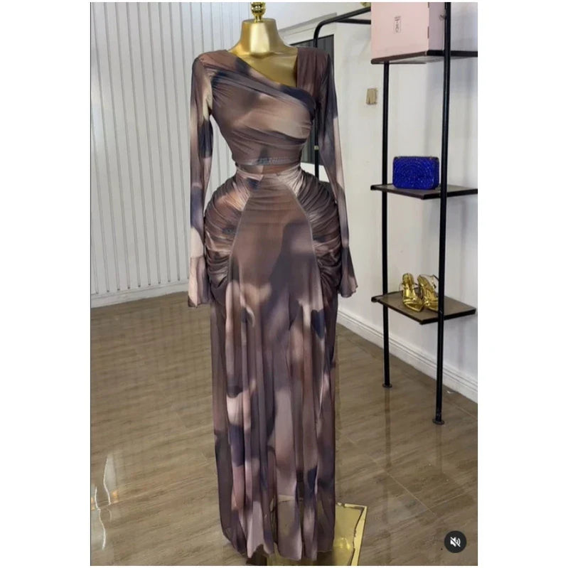 CM.YAYA Women Tie Dye Printed Skew Neck Flare Long Sleeve Ruched Stacked Maxi Long Dress 2025 Summer Birthday Sexy Party Dresses Color01