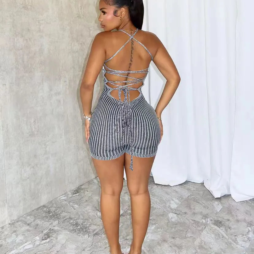 CM.YAYA Women Knitted Sleeveless Strap Short Jumpsuits Street 2024 Summer Striped Casual Sexy One Piece Suit Romper Playsuits