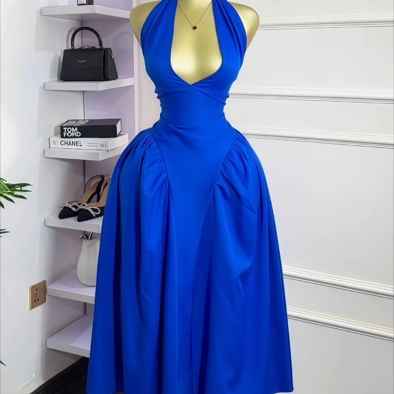 CM.YAYA Women Halter V-neck Backless Sleeveless Big Swing Bodycon Mid Maxi Long Dress 2025 Vacation Sexy Party Evening Dresses