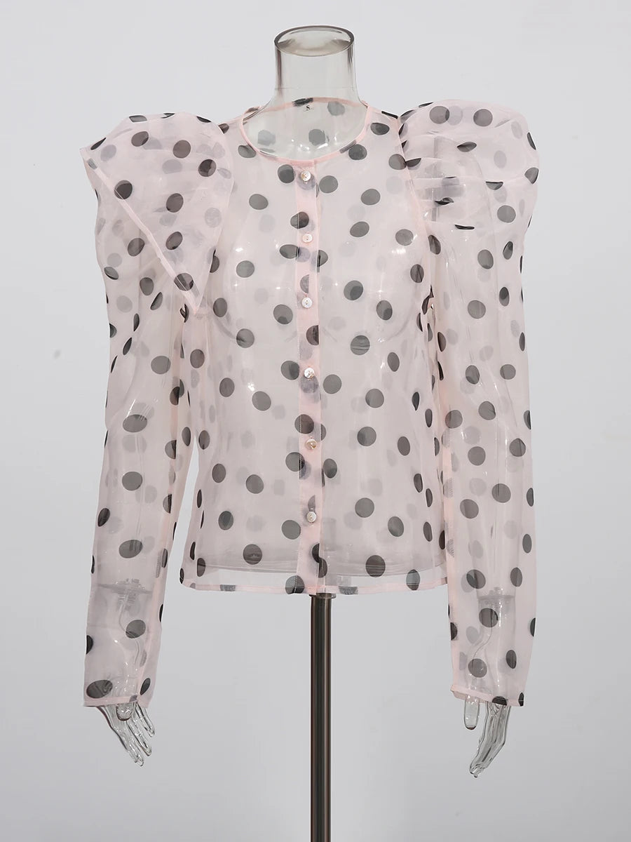 TWOTWINSTYLE Hit Color Sheer Spliced Wave Point Two Piece Sets for Women Round Neck Long Sleeves Top High Waist Skirt Set Female