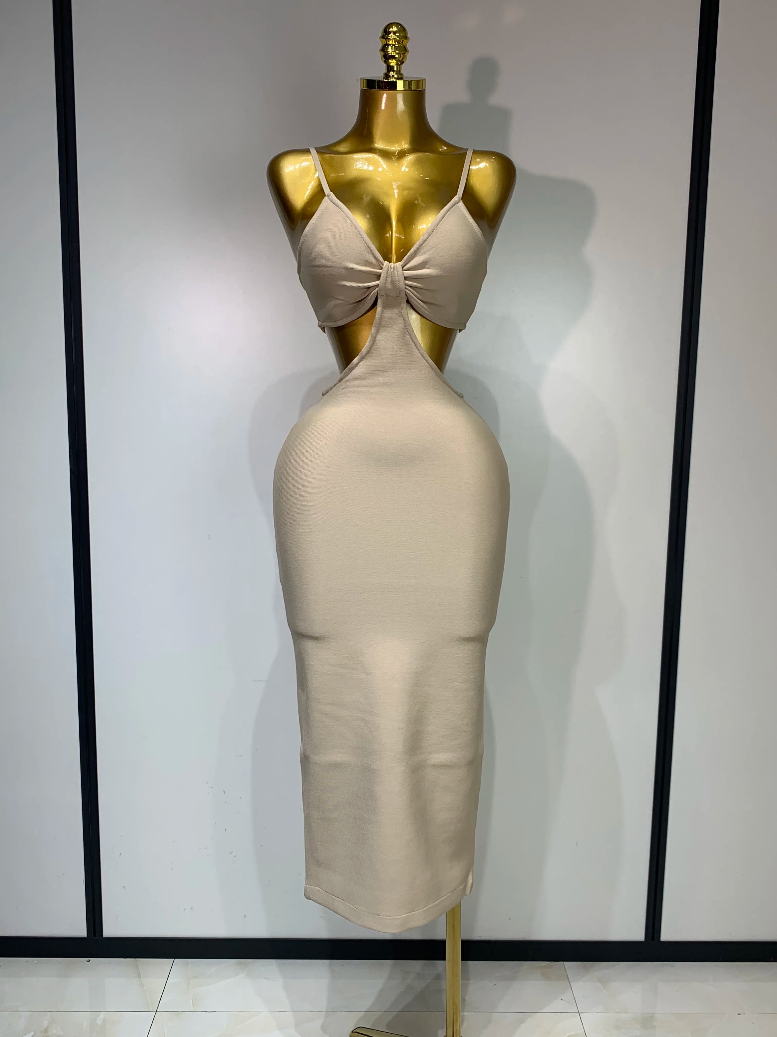 Women Sexy V Neck Backless Khaki Bodycon Bandage Dress 2025 Celebrity Elegant Evening Club Party Luxury Birthday Dress