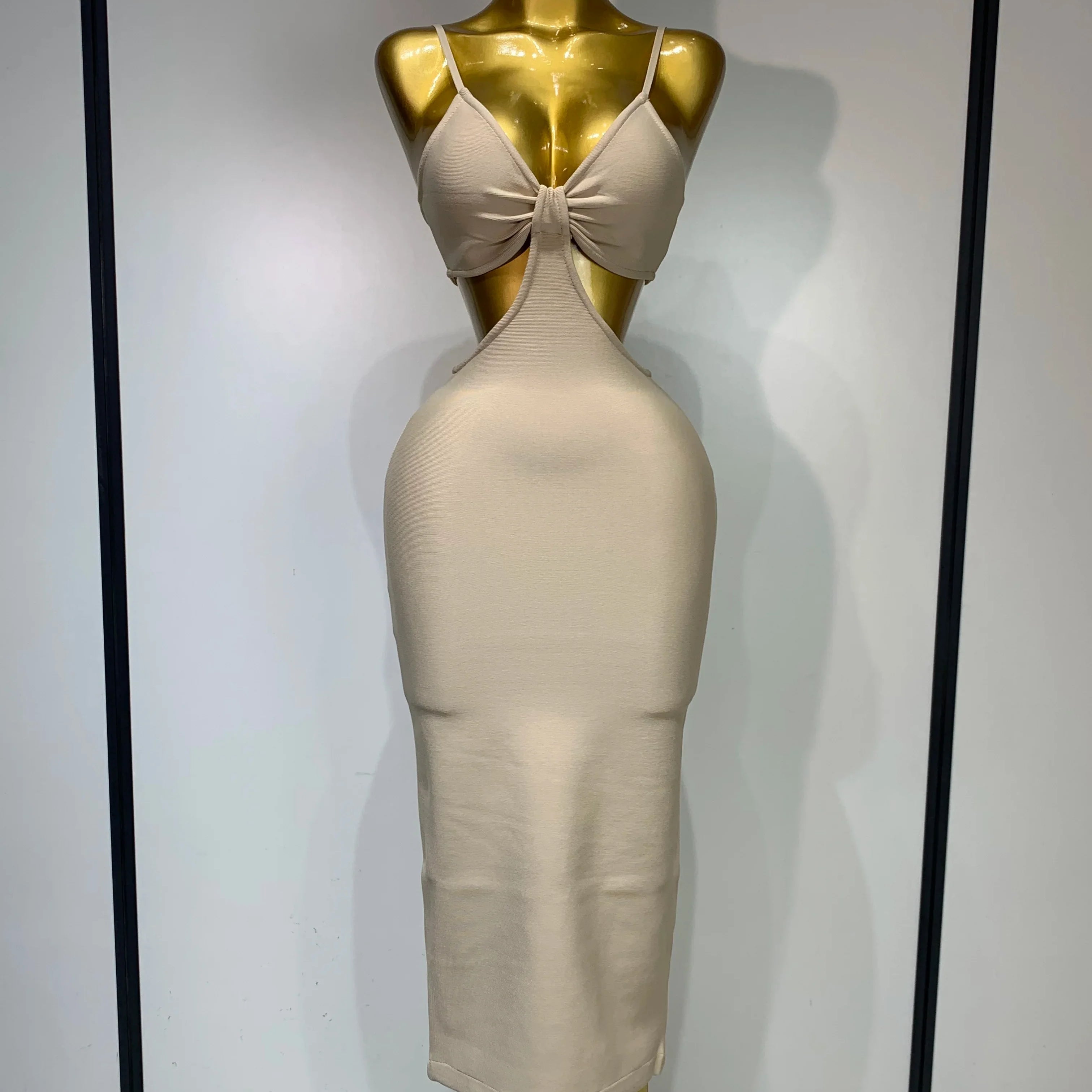 Women Sexy V Neck Backless Khaki Bodycon Bandage Dress  Celebrity Elegant Evening Club Party Luxury Birthday Dress