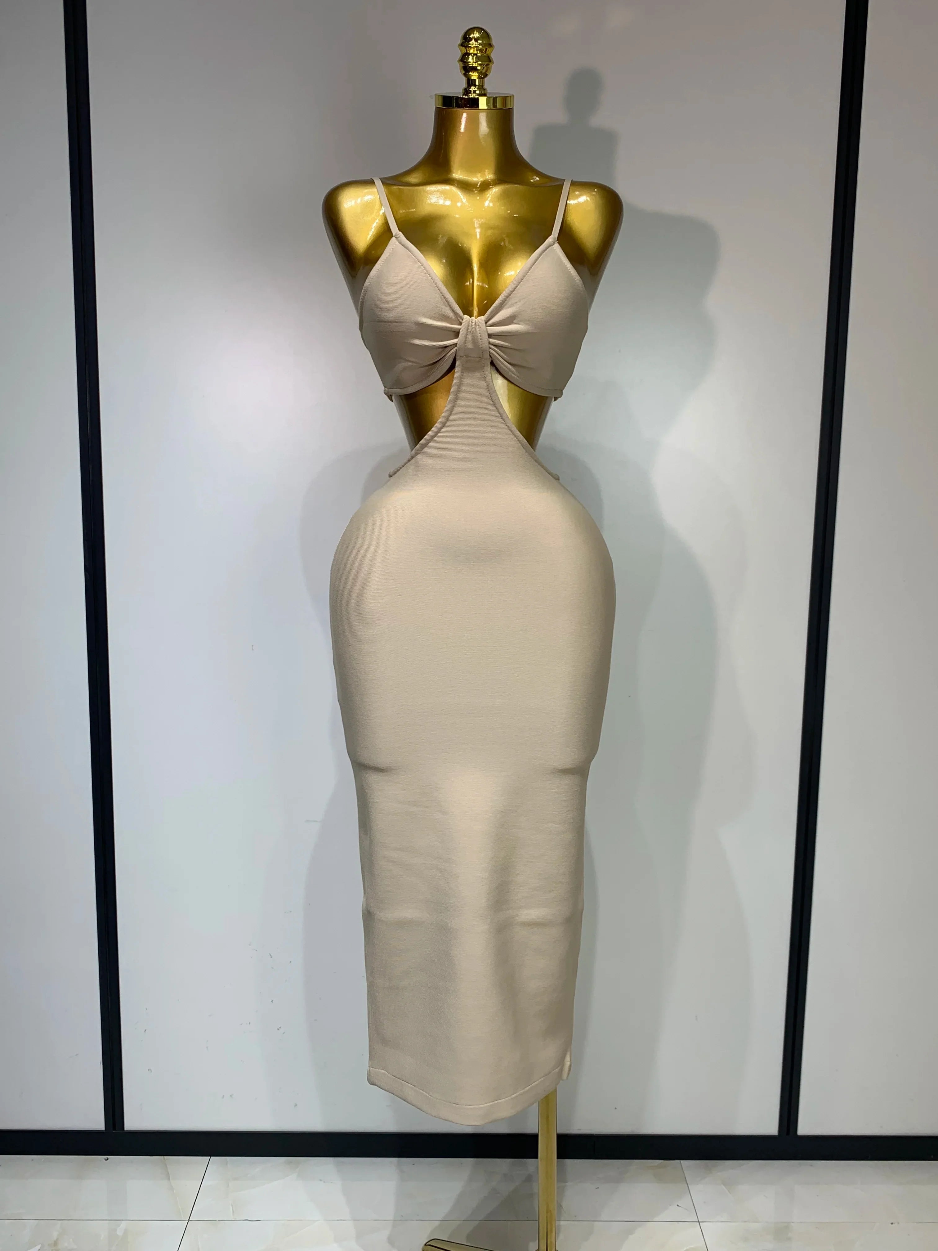 Women Sexy V Neck Backless Khaki Bodycon Bandage Dress  Celebrity Elegant Evening Club Party Luxury Birthday Dress