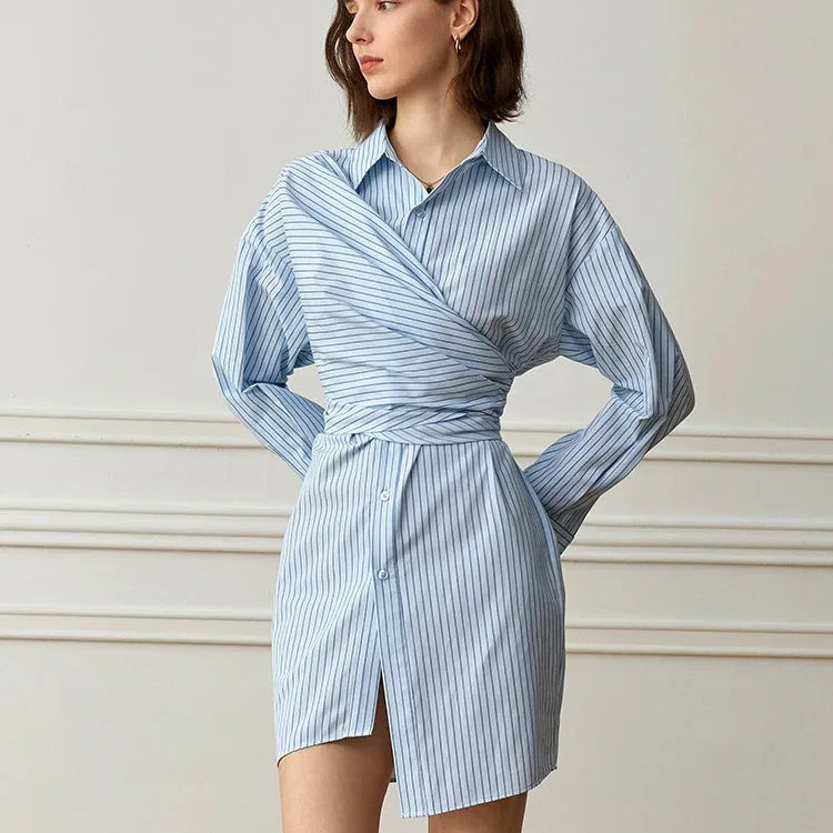 DEAT Fashion Women Blue Stripe Shirt Dress Lapel Single Breasted Full Sleeves Waist Retraction Folds Dresses Spring New