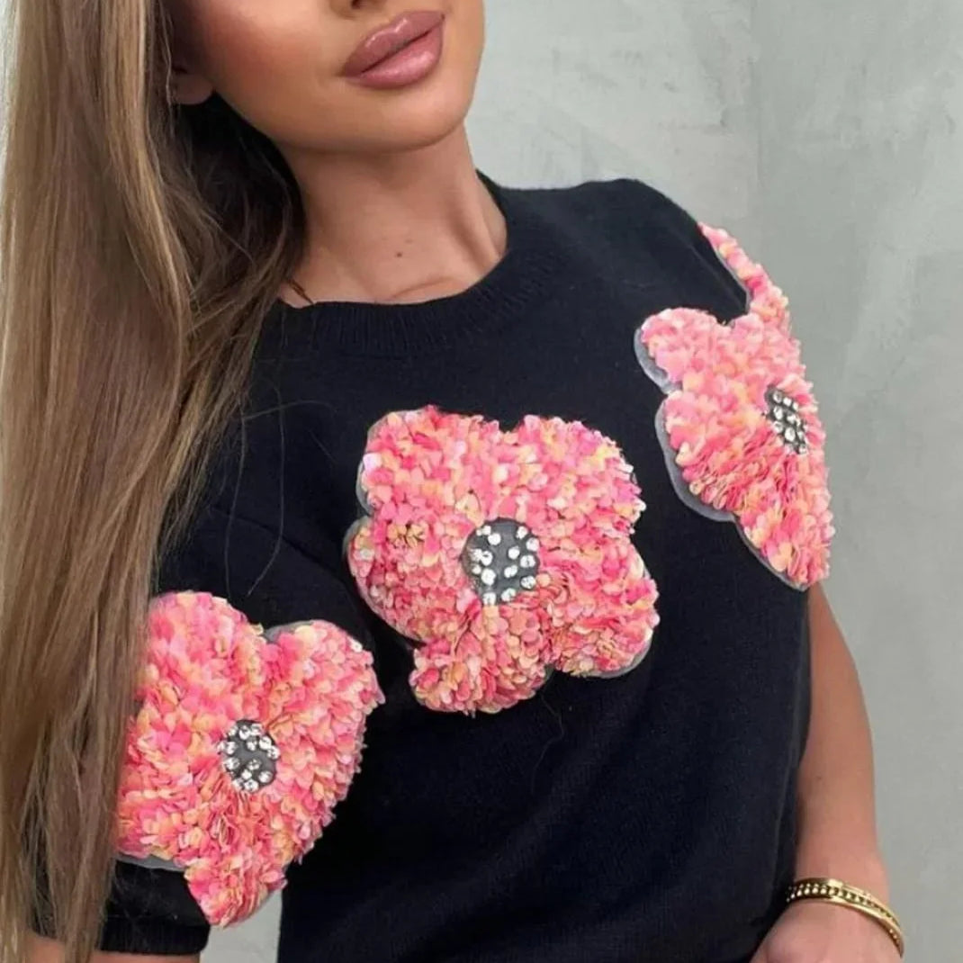 Fashion Women 3D Flower Knitted Sweater Elegant Lady O Neck Short Sleeved Pullover Tops Chic Female Commute Street Outfits Black
