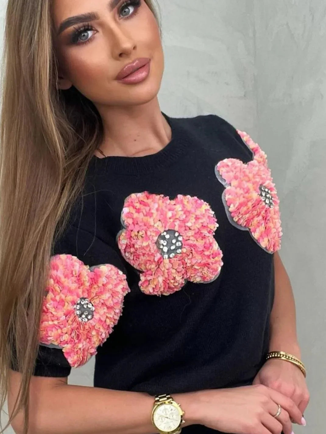 Fashion Women 3D Flower Knitted Sweater Elegant Lady O Neck Short Sleeved Pullover Tops Chic Female Commute Street Outfits Black