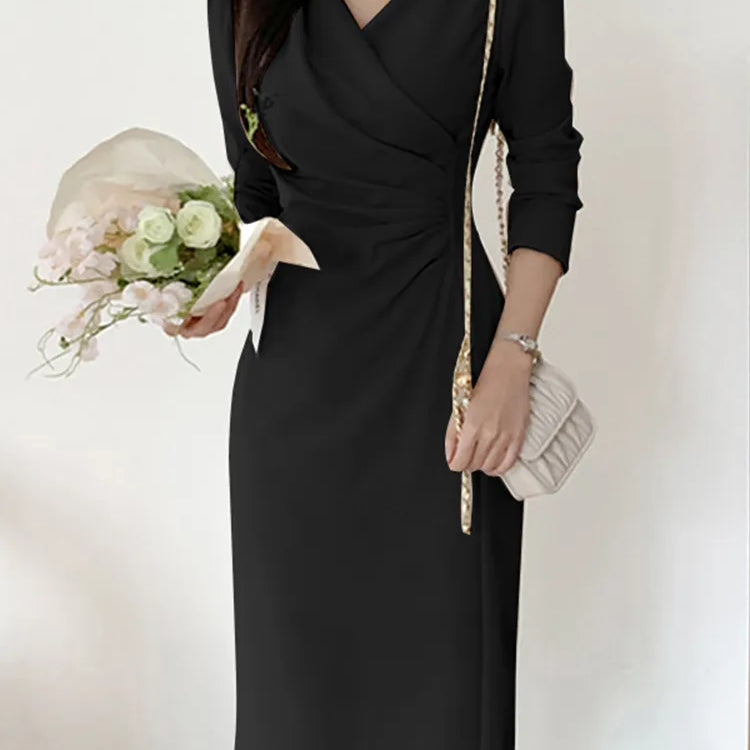 Fashion Bodycorn Dress Spring V-Neck Long Sleeve Sundress Solid Color Pleated Midi Robe Female Elegant Sexy Vestidos