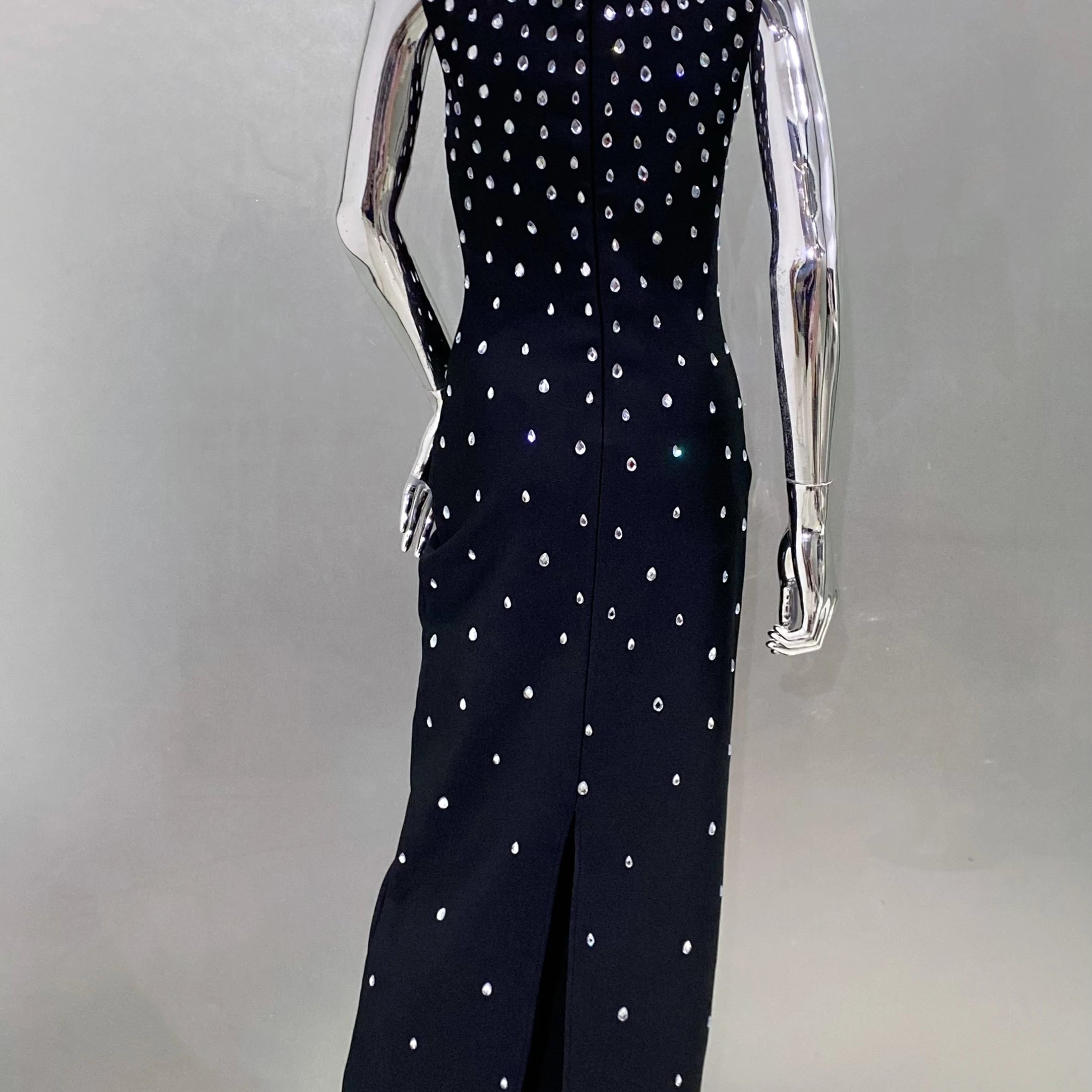 Vestido longo feminino, preto, azul-celeste, sem mangas, sexy, gola redonda, brilhante, com cristais, colado, bandagem, roupa para festa e boate