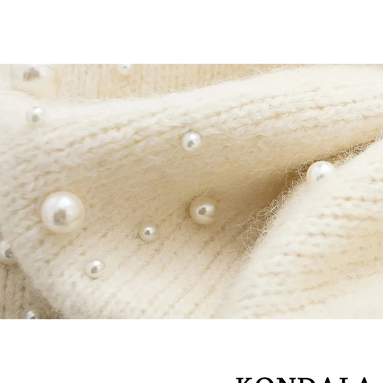 Vintage Knitted Pearl Women Suits Long Sleeve O Neck Thick Sweater+High Waist Knit Skirts Fashion Elegant Women Set