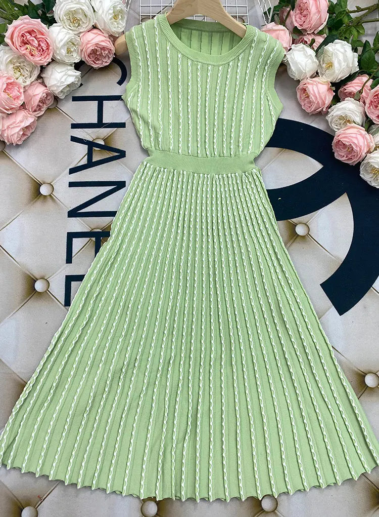 2024 New Listing Elegant Striped Knit Dress Women O-neck Sleeveless A-line Dresses Club Evening Party Midi Vestido