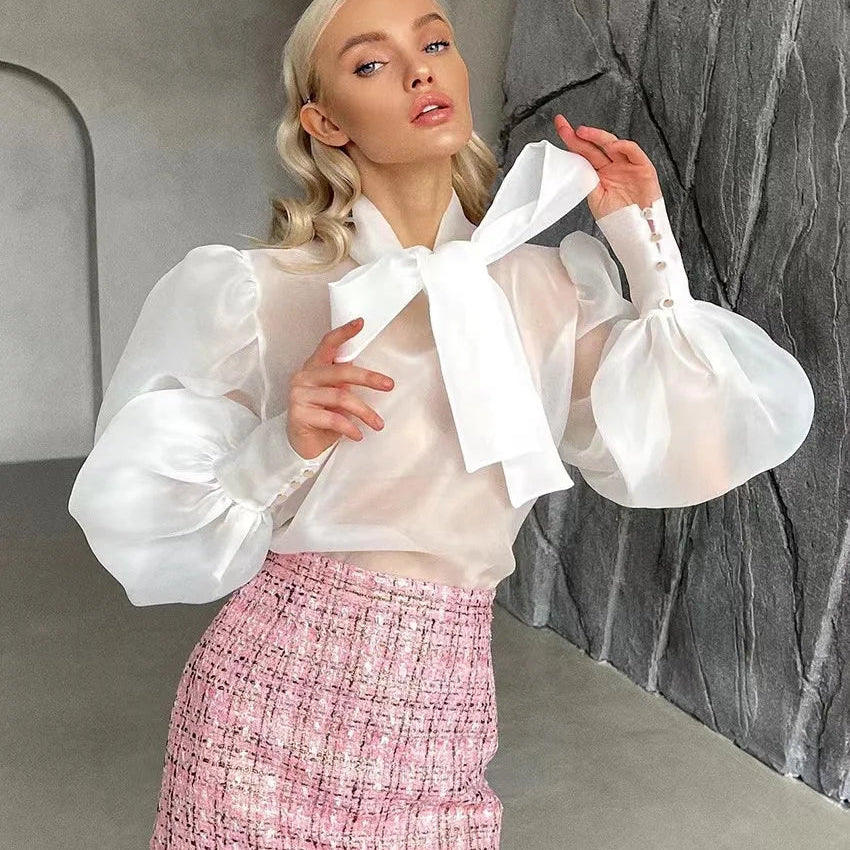 New Mesh Shirts Women Elegant Puff Sleeve Bow Lace Up Blouses Office Ladies Fashion Solid Color Casual Loose Sexy Blouse WHITE SY57
