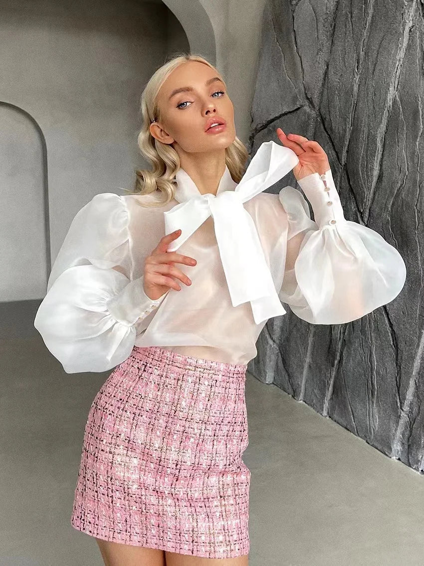 New Mesh Shirts Women Elegant Puff Sleeve Bow Lace Up Blouses Office Ladies Fashion Solid Color Casual Loose Sexy Blouse WHITE SY57