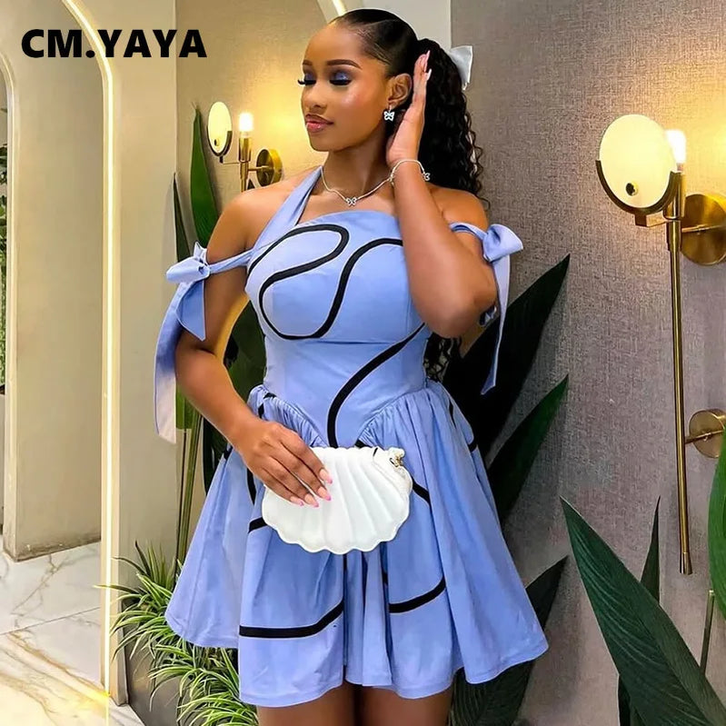 CM.YAYA Summer Women Bowknot Shoulder Halter Neck Geometric Striped Big Swing Dress Streetwear Night Club Party Dresses Vestidos