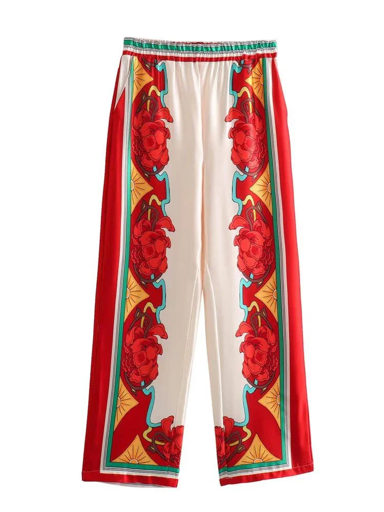 ZARATRAFnew summer women's silk texture printed trousers suit shirt bat shirt + positioning printed high waist trousers printed pants 2