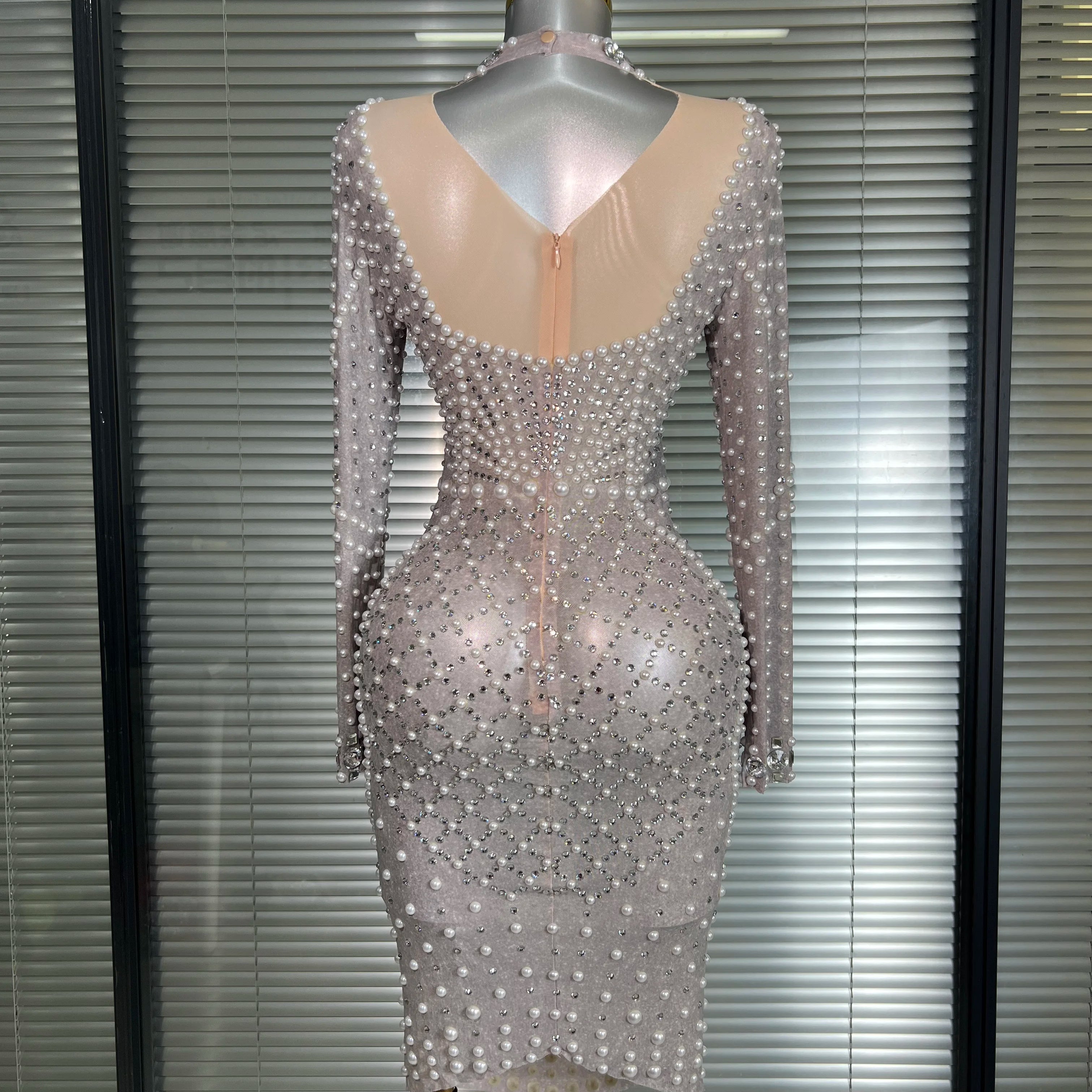 New Women Sexy Long Sleeve Stretched Mesh Sequins Party Dress See Through Party Singer Party Costume Stage Performance Dress