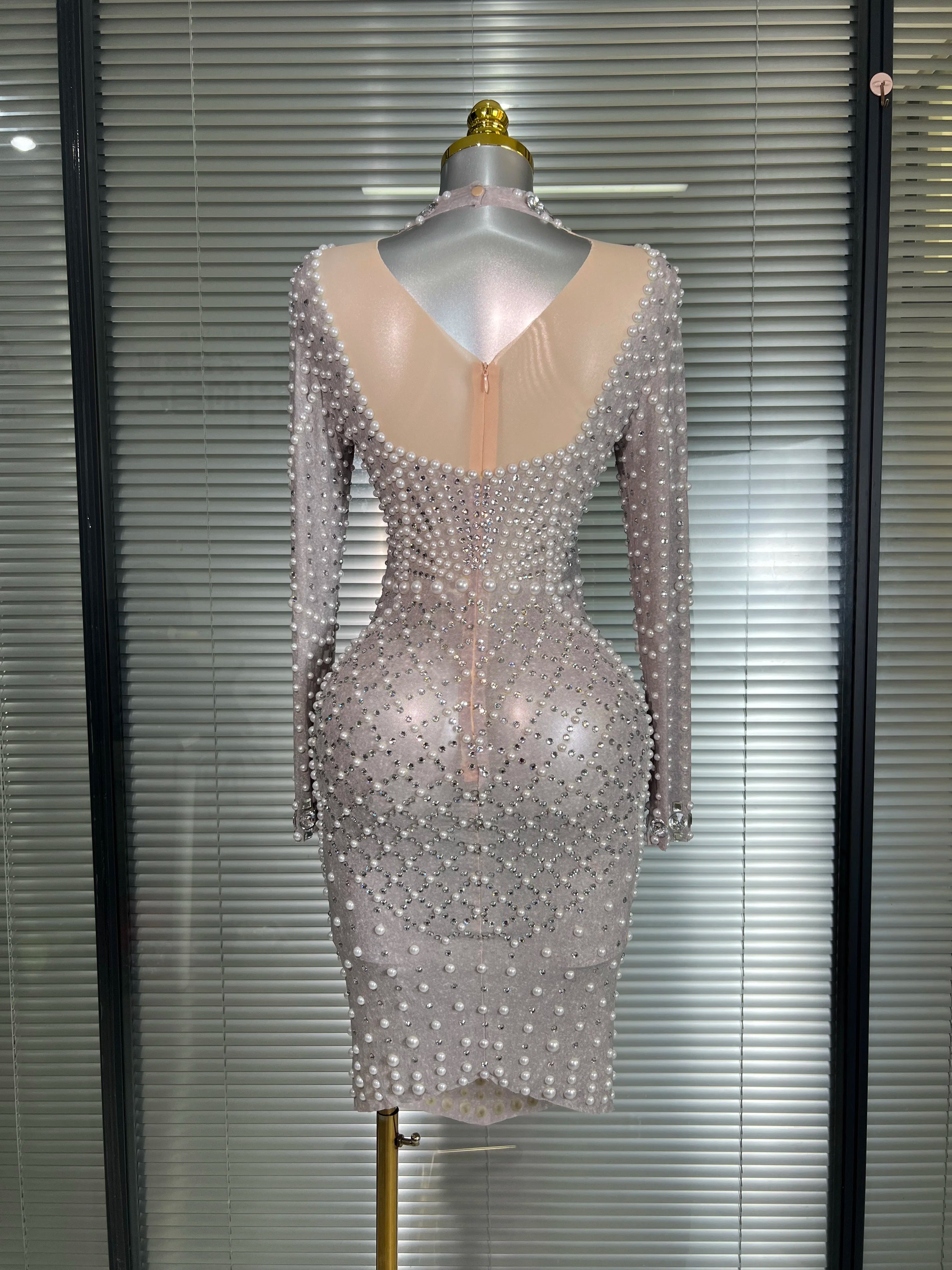 New Women Sexy Long Sleeve Stretched Mesh Sequins Party Dress See Through Party Singer Party Costume Stage Performance Dress
