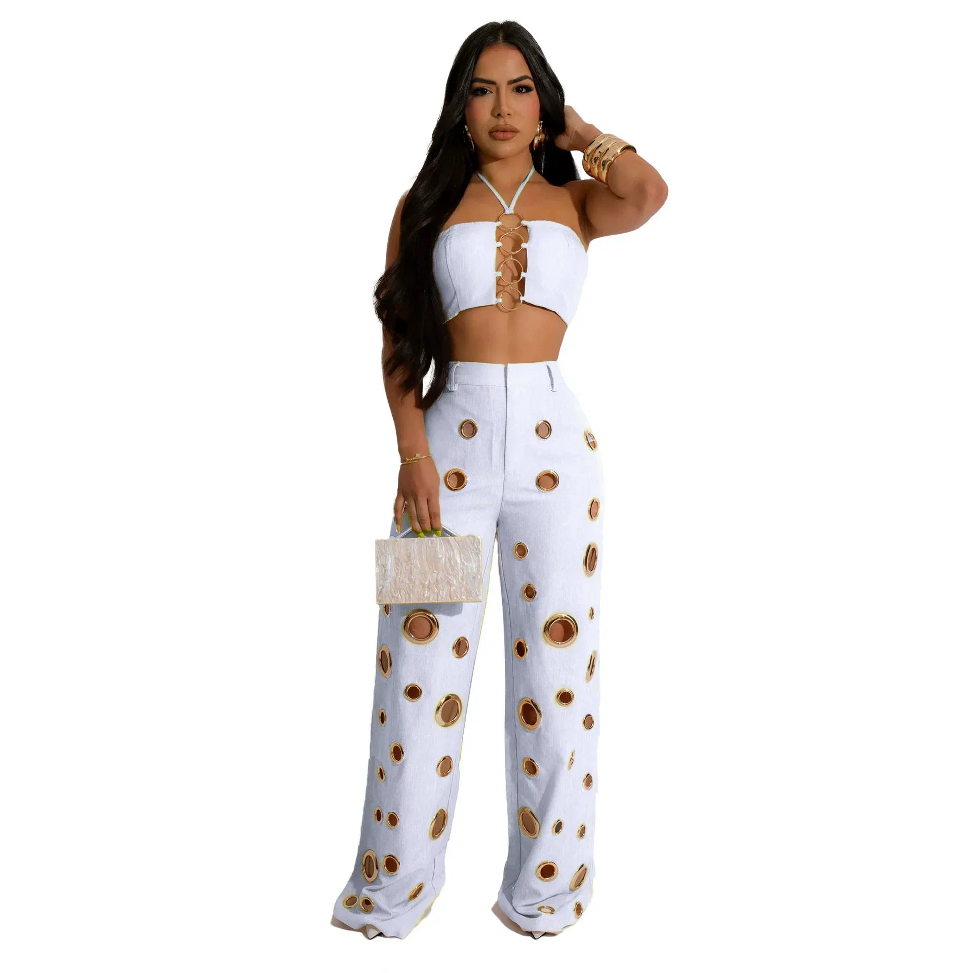 CM.YAYA Women Set Sleeveless Strapless Tops +Wide Leg Pants Two 2 Piece Set Hole Hollow Out Outfit Summer Sexy Street Tracksuit WHITE