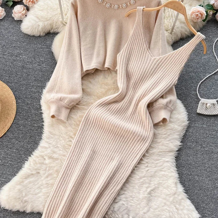 Korean Fashion Knitted Dress Sets Women Elegant Long Sleeve Pearl Sweater+Knitted Camis Dress Sets Sweater Casual Pullovers Suit beige One Size