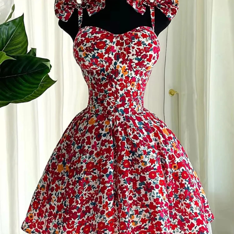 CM.YAYA Women Floral Printed Sleeveless Bowknot Strap Big Swing Mini Dress 2025 Evening Sexy Beach Party Birthday Street Dresses
