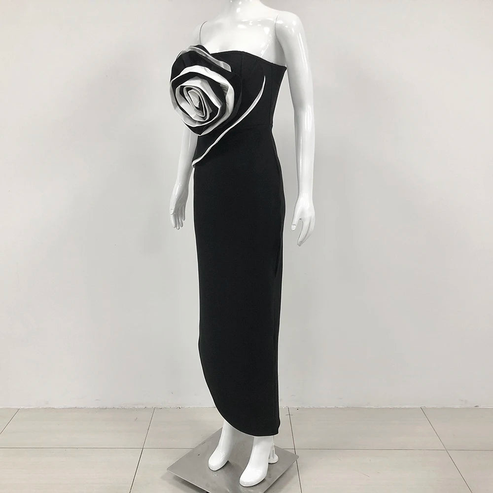 Vestido longo preto feminino, sexy, tomara que caia, com estampa floral grande, colado ao corpo, para comemoração de aniversário, festa de formatura