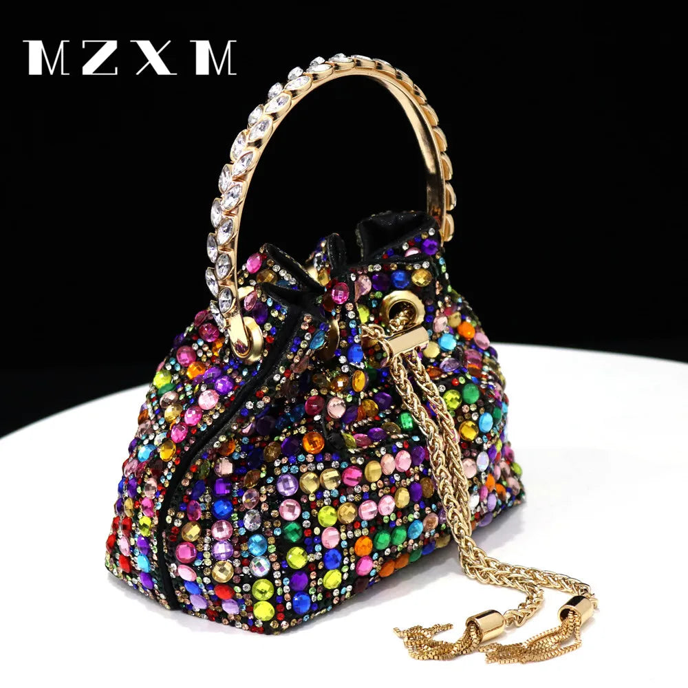 Rhinestones Women Evening Bags Bucket Design Party Day Clutch Soft Mixed Color Handle Design Handbags Purse Mature black 15x9x13cm