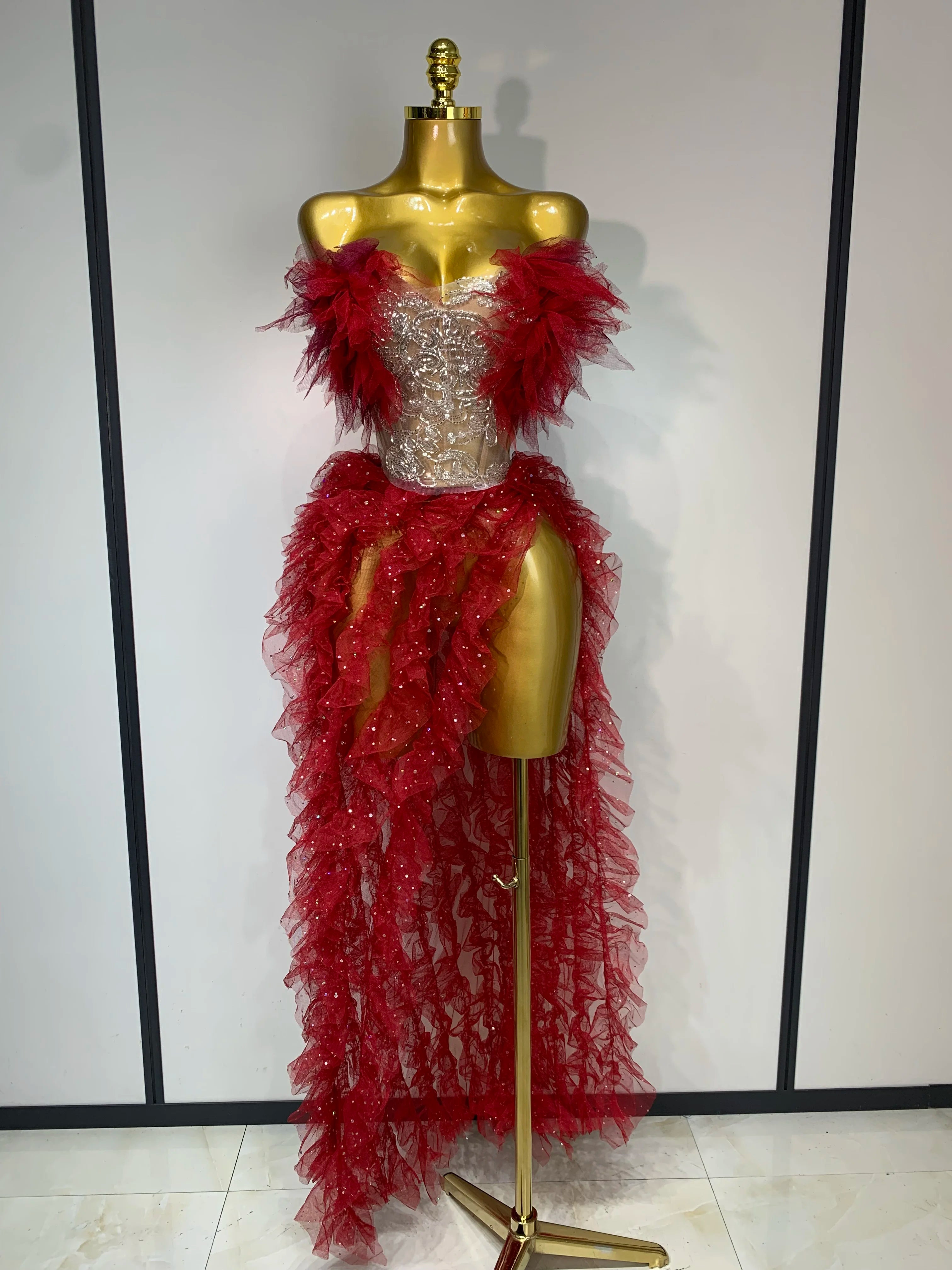 Women Sexy Strapless Ruffles two Pieces Set Bodycon Long Dress High Split Fashion Nightclub Party Birthday  Singer Stage Outfit