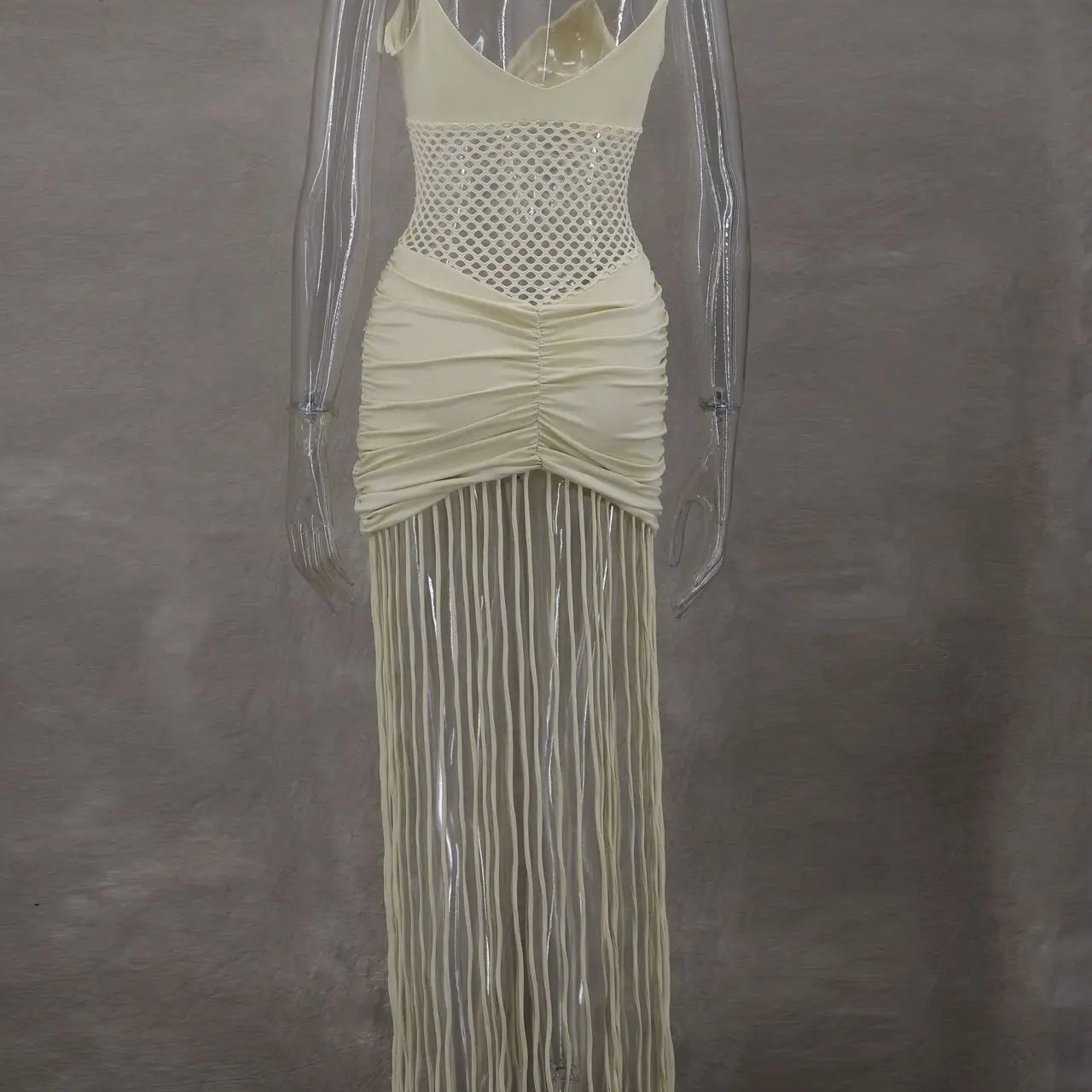 CM.YAYA Women Spaghetti Strap V-neck Sleeveless Tassel Hollow Out Midi Maxi Dress Sexy Birthday Night Party Vestidos Dresses